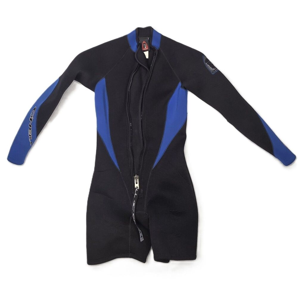 O’Neill Wetsuit 3mm Shorty Women’s 6 Black Blue Front Zip Long Sleeve Surf Dive